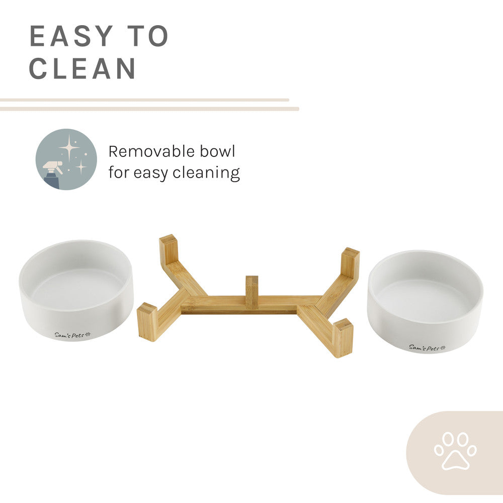 Coco Dual Pet Bowl With Wood Stand 5.11 In White