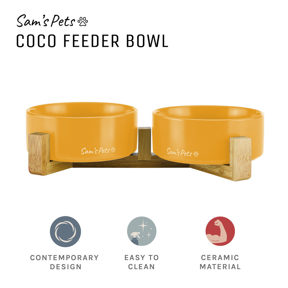 Coco Dual Pet Bowl With Wood Stand 5.11 In Yellow