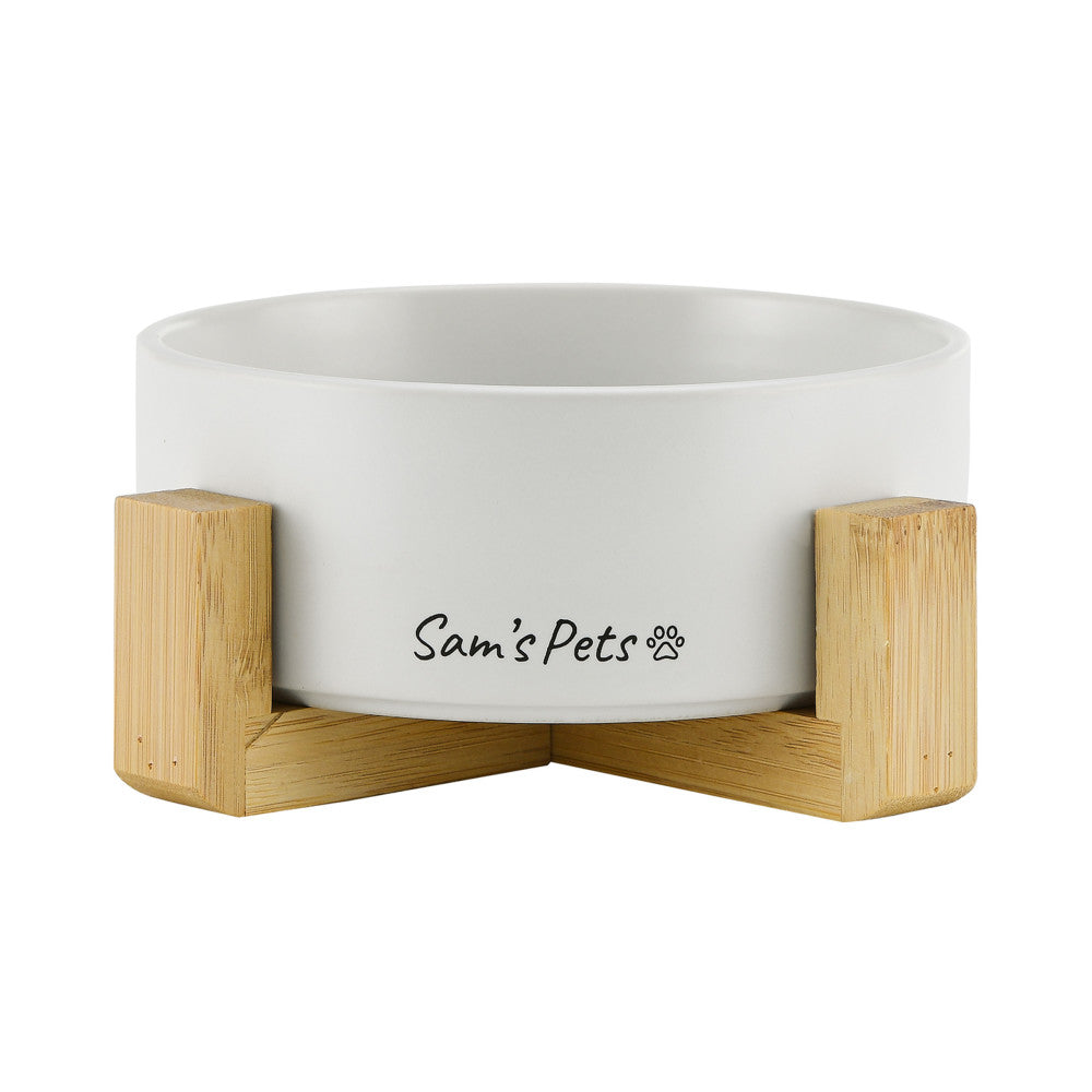 Coco Single Pet Bowl With Wood Stand 5.11 In White
