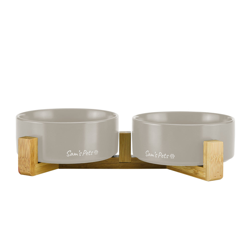 Coco Dual Pet Bowl With Wood Stand 5.11 In Gray