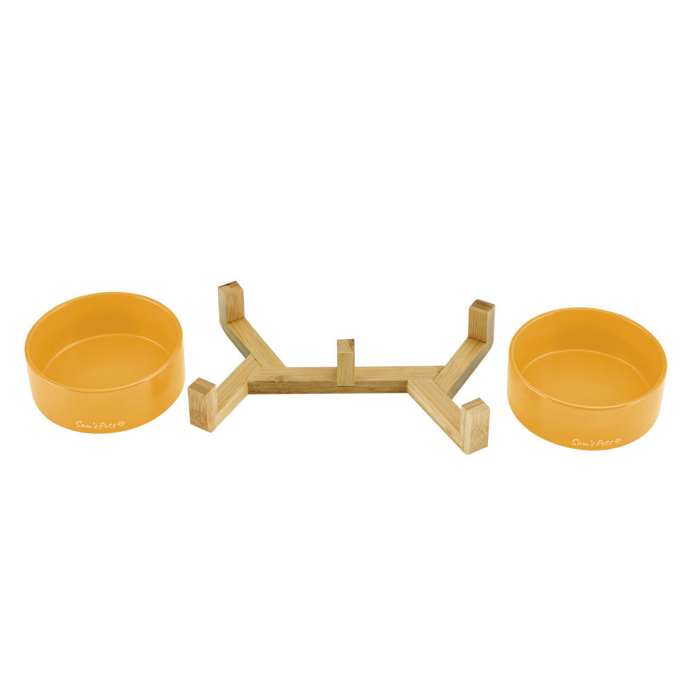 Coco Dual Pet Bowl With Wood Stand 5.11 In Yellow
