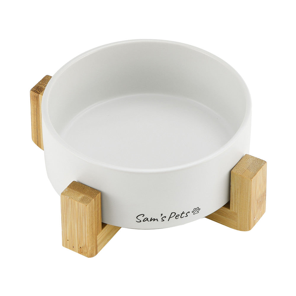 Coco Single Pet Bowl With Wood Stand 5.11 In White