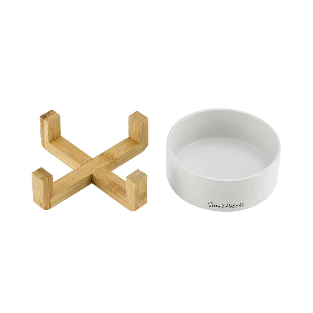 Coco Single Pet Bowl With Wood Stand 5.11 In White