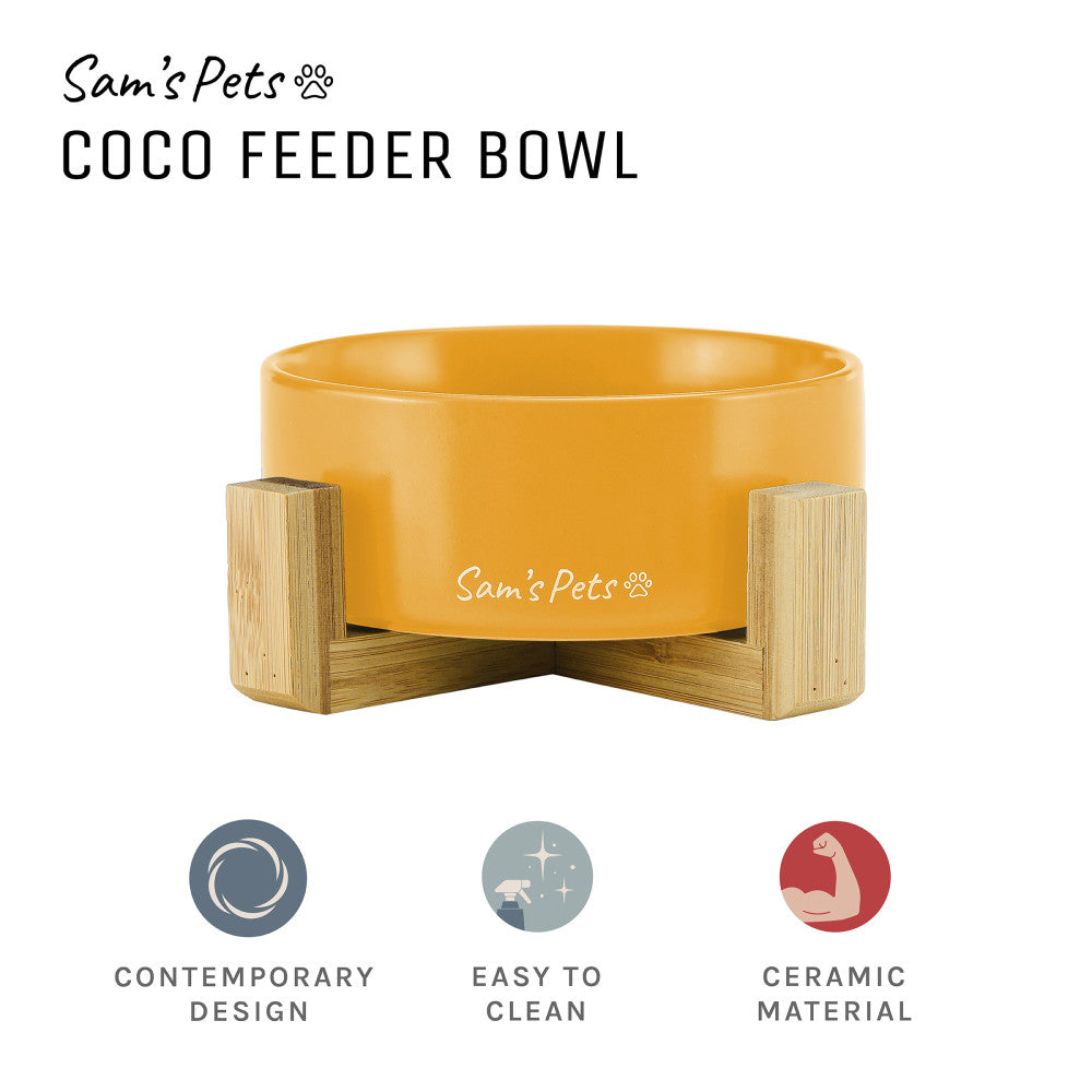 Coco Single Pet Bowl With Wood Stand 5.11 In Yellow