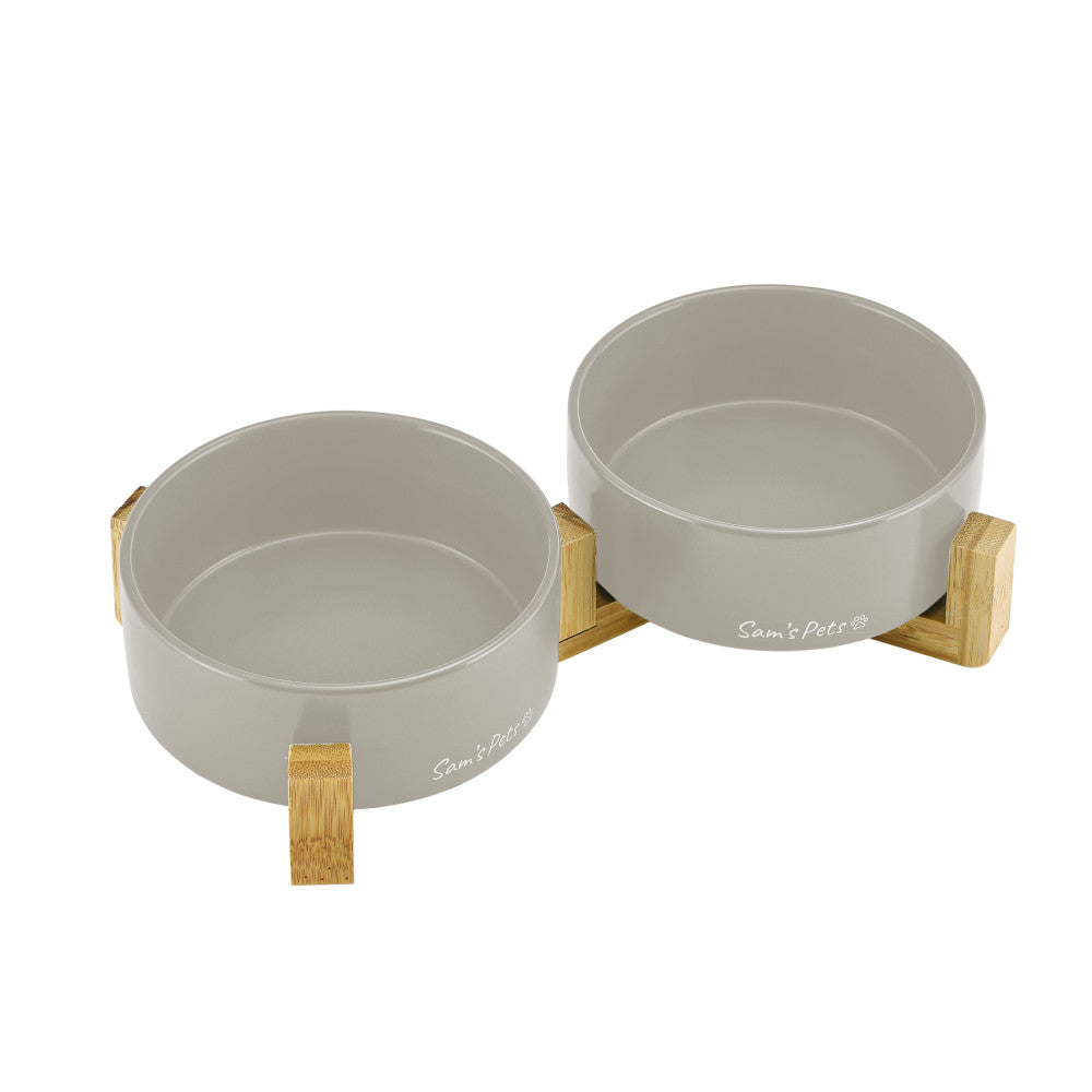 Coco Dual Pet Bowl With Wood Stand 5.11 In Gray