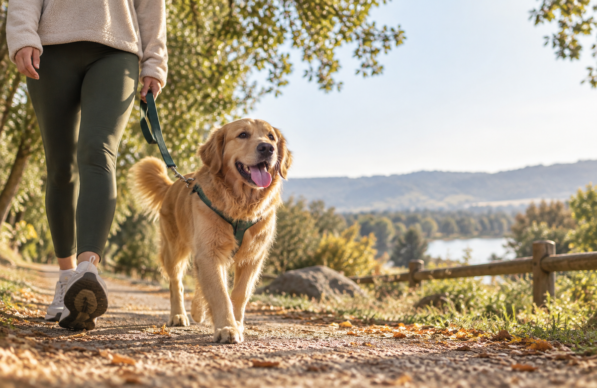 Golden Retriever on a leash walking beside its owner along a sunny park trail with hills in the background.