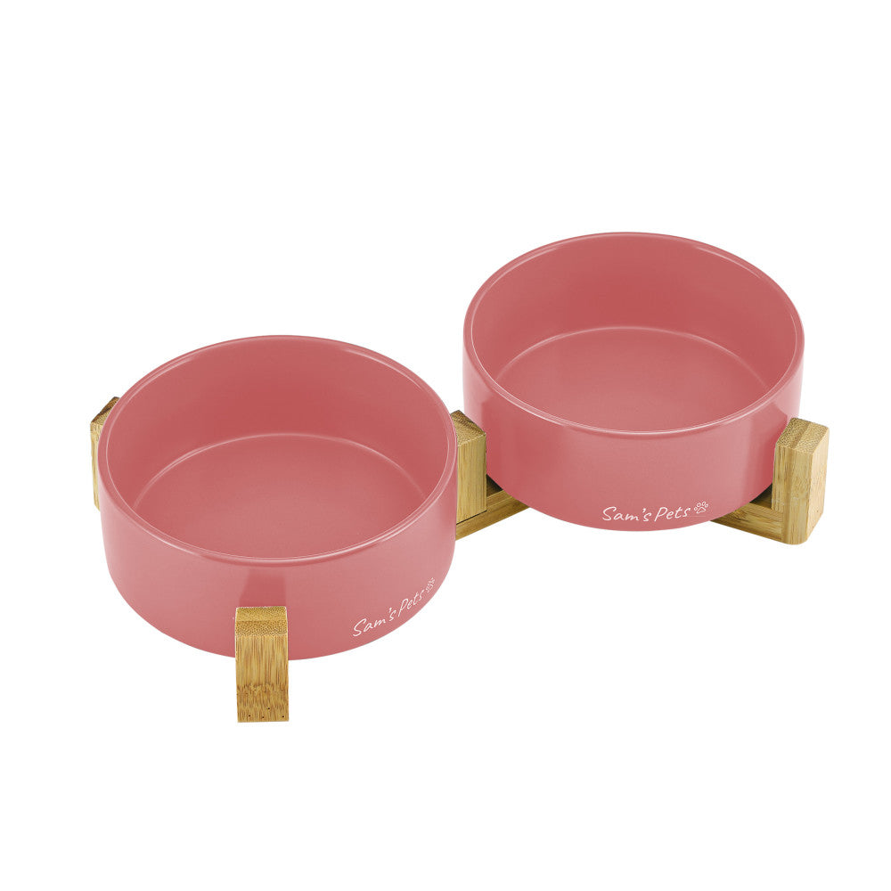 Coco Dual Pet Bowl With Wood Stand 5.11 In Pink