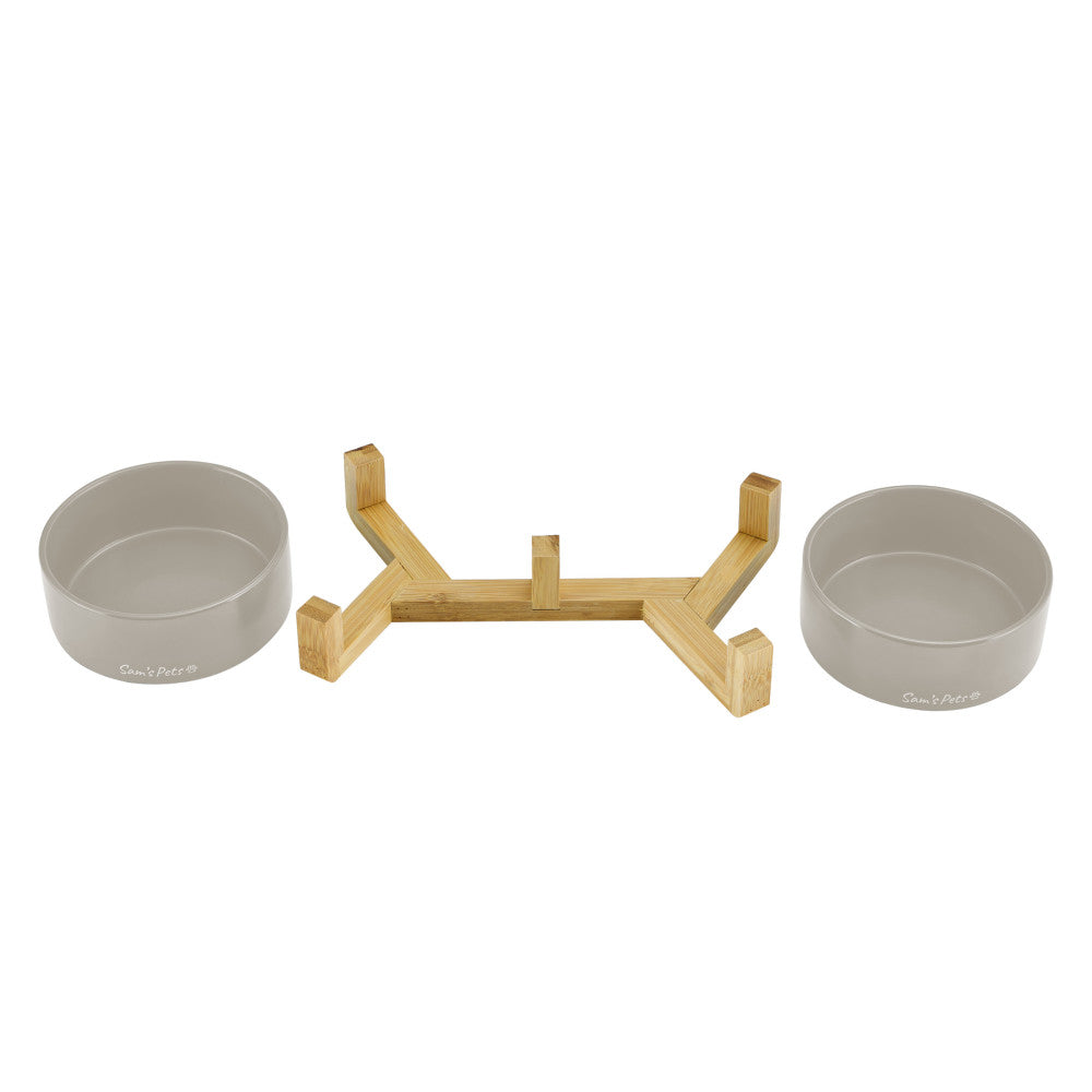 Coco Dual Pet Bowl With Wood Stand 5.11 In Gray