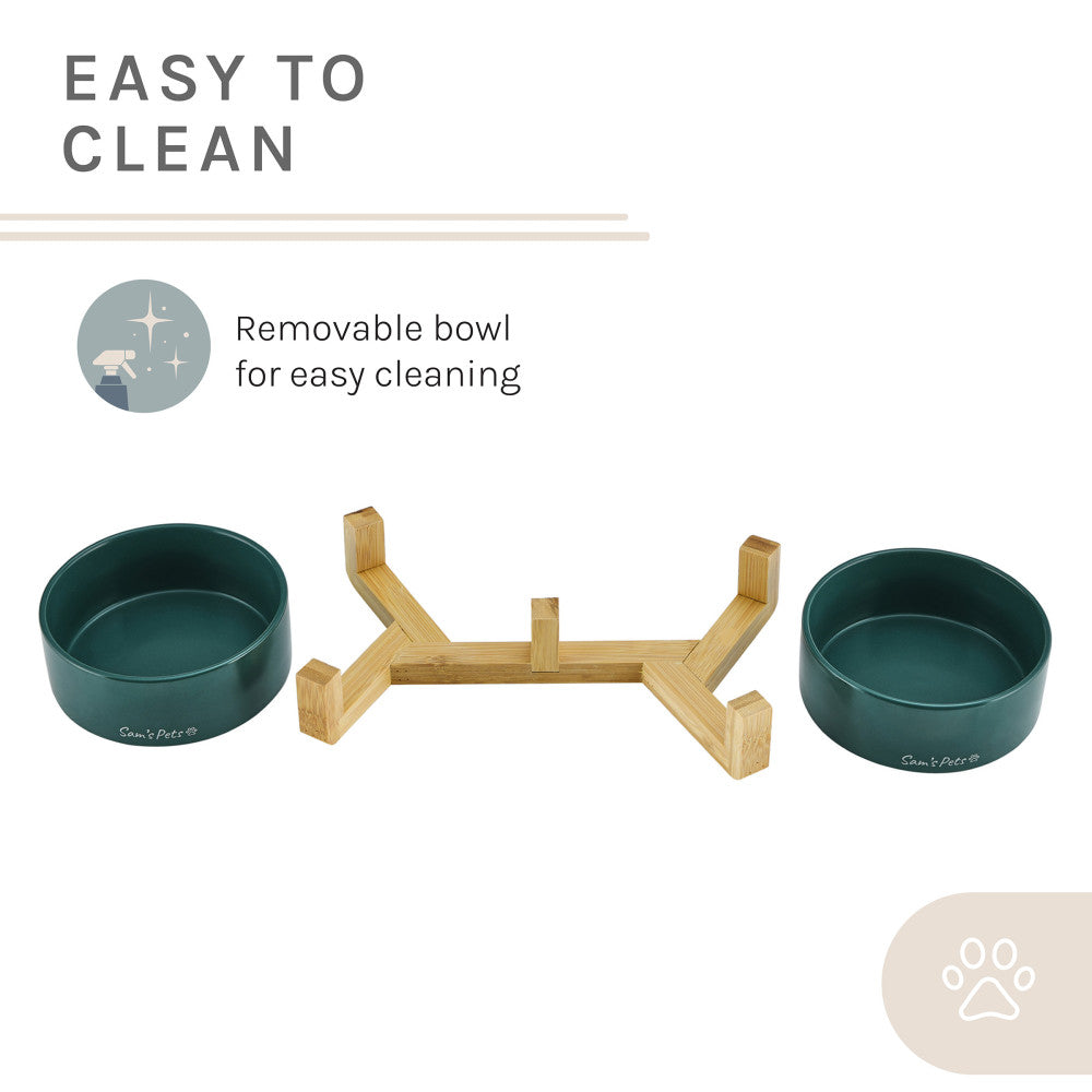 Coco Dual Pet Bowl With Wood Stand 5.11 In Green
