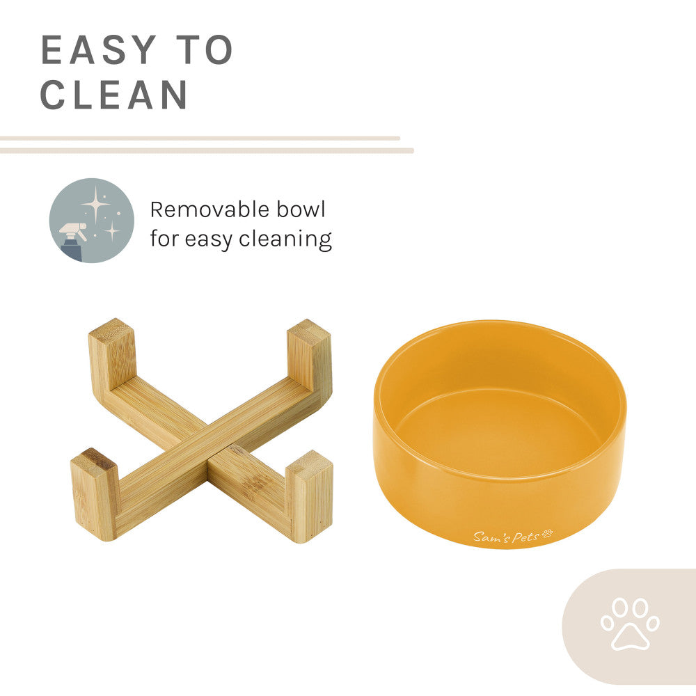 Coco Single Pet Bowl With Wood Stand 5.11 In Yellow