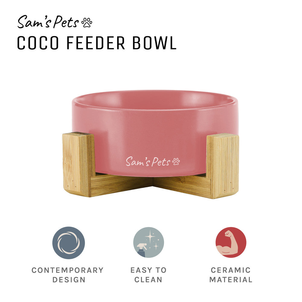 Coco Single Pet Bowl With Wood Stand 5.11 In Pink