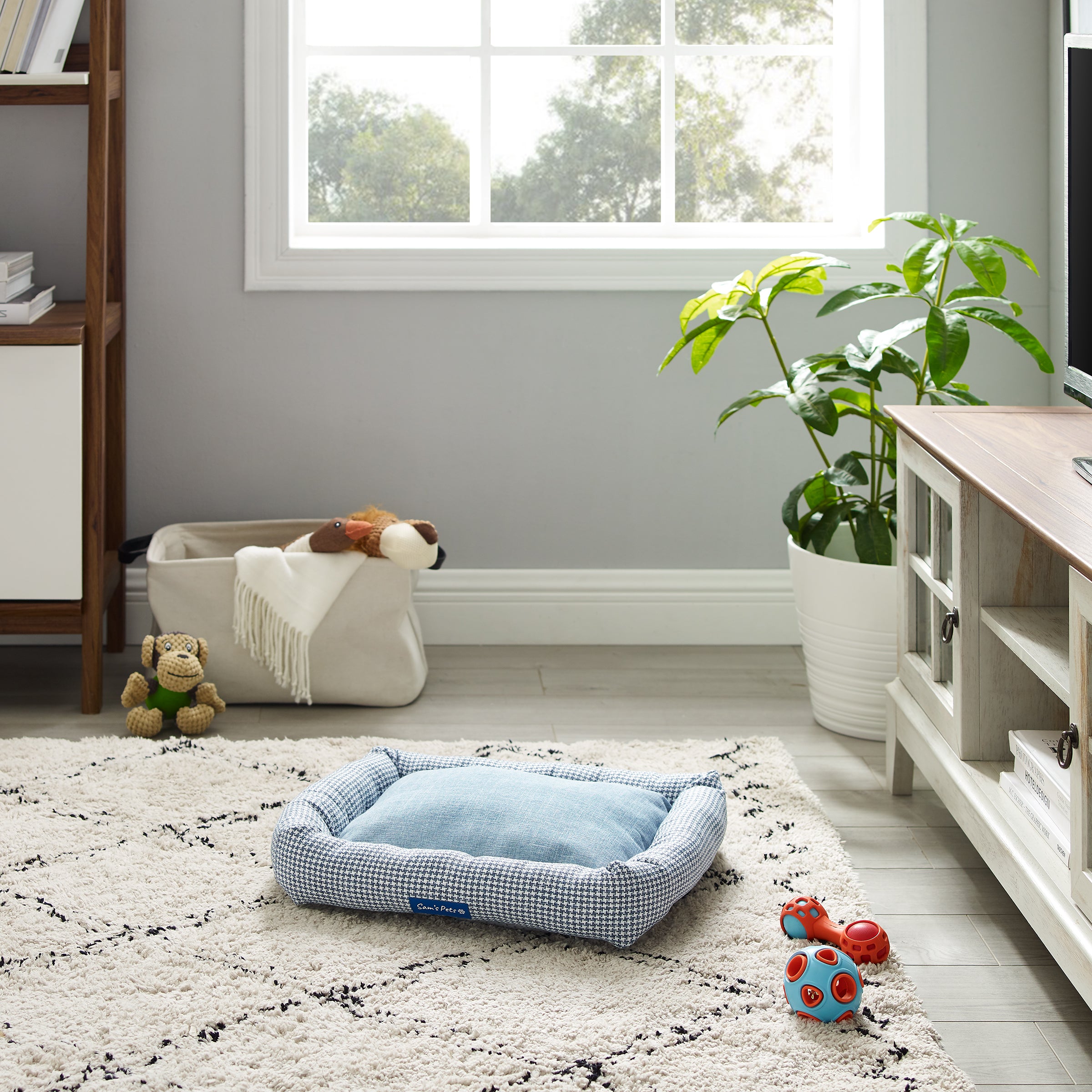 Arlo® Medium Blue Plaid Bolster Dog Bed