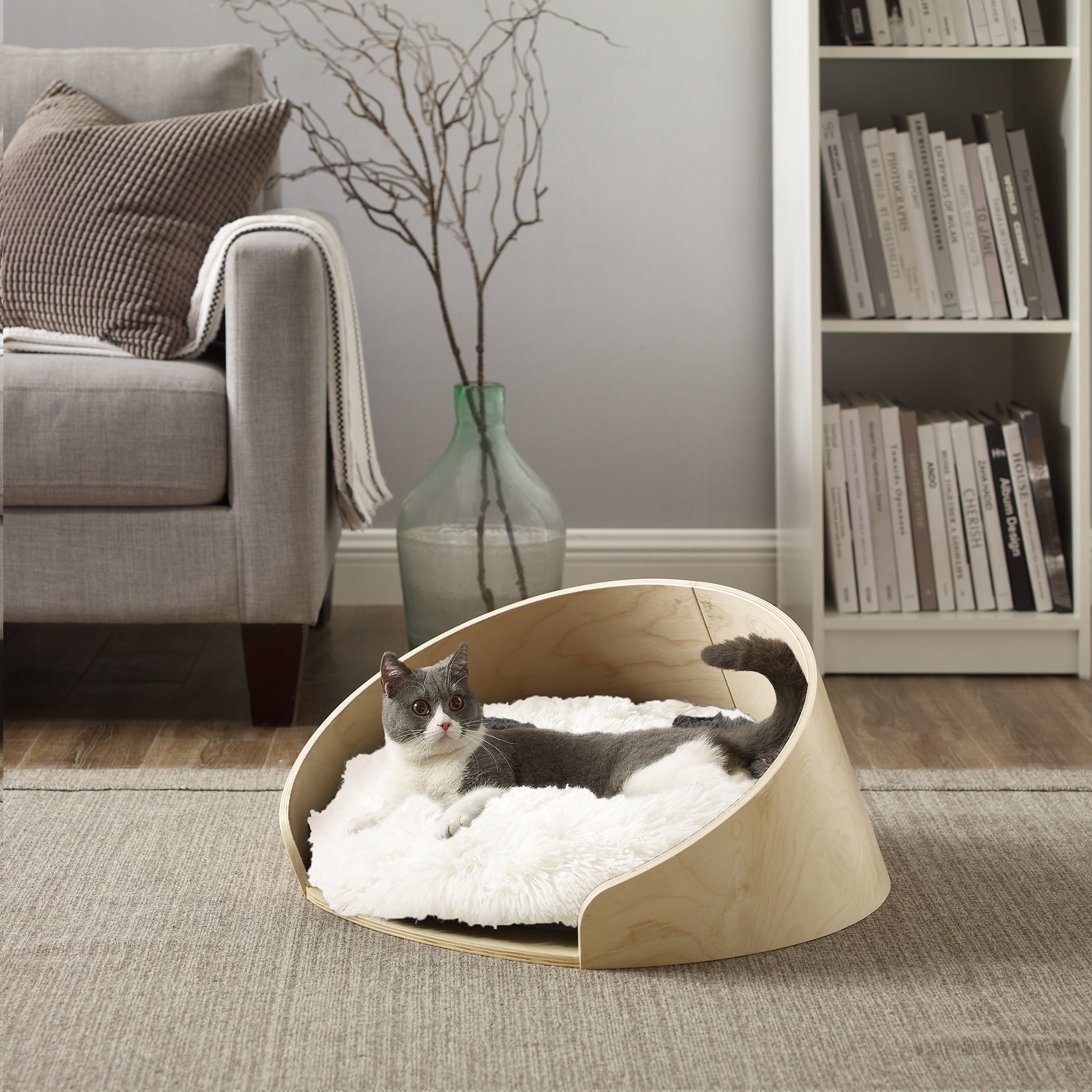 Kuai Cat Bed Bent Wood Faux Fur Small Light Brown
