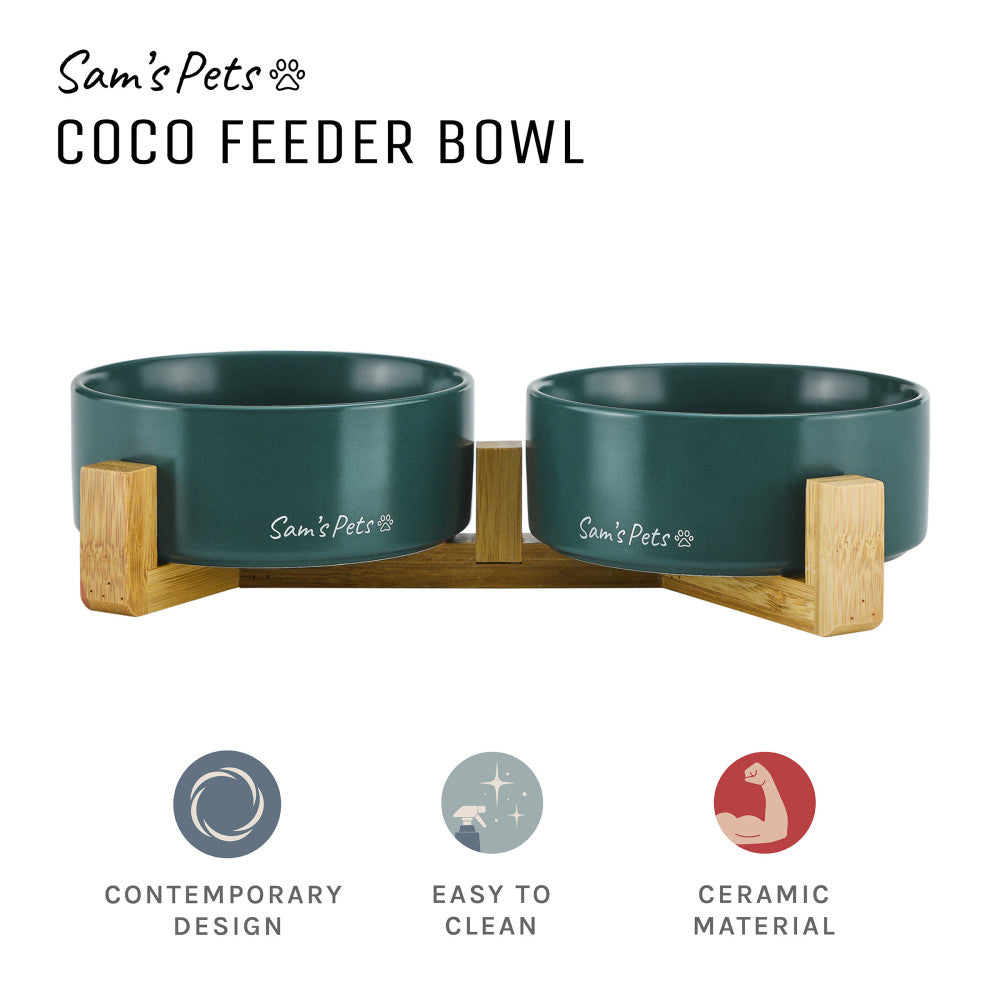 Coco Dual Pet Bowl With Wood Stand 5.11 In Green