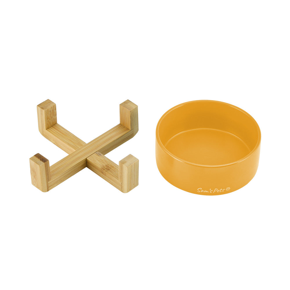 Coco Single Pet Bowl With Wood Stand 5.11 In Yellow