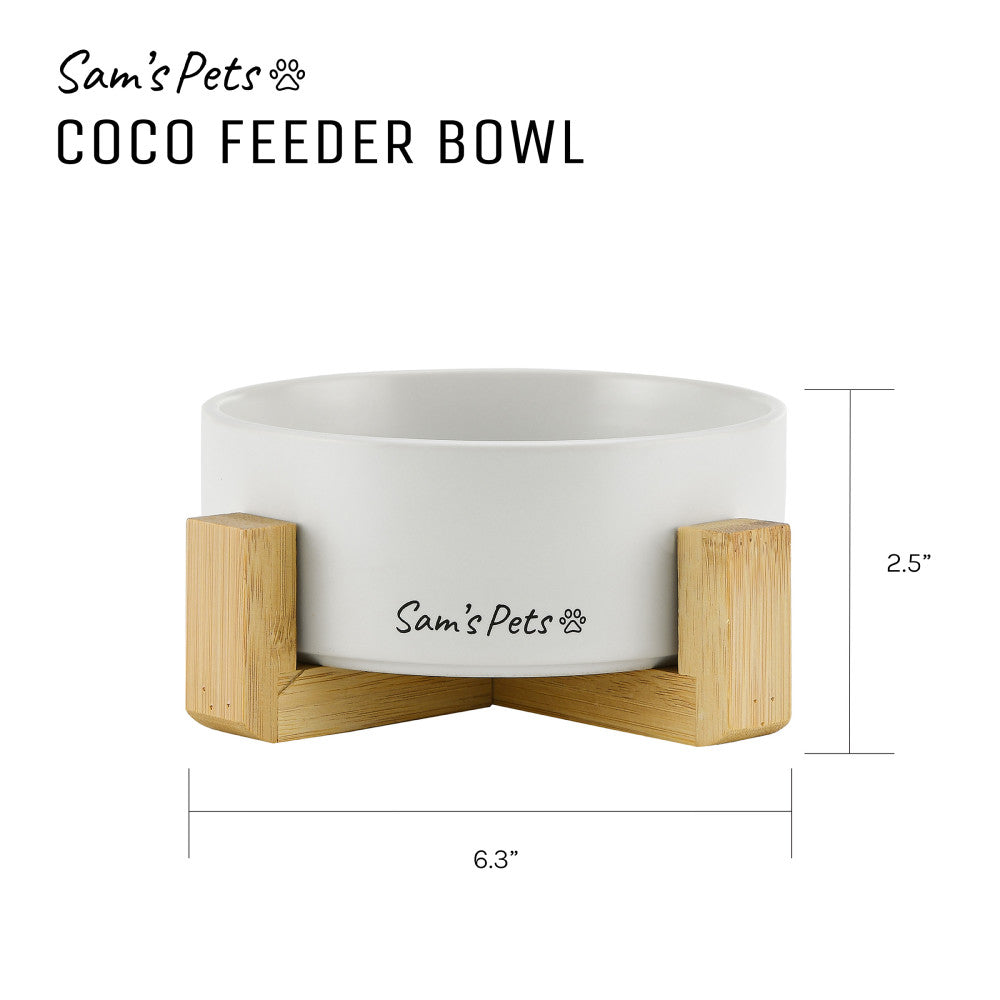 Coco Single Pet Bowl With Wood Stand 5.11 In White