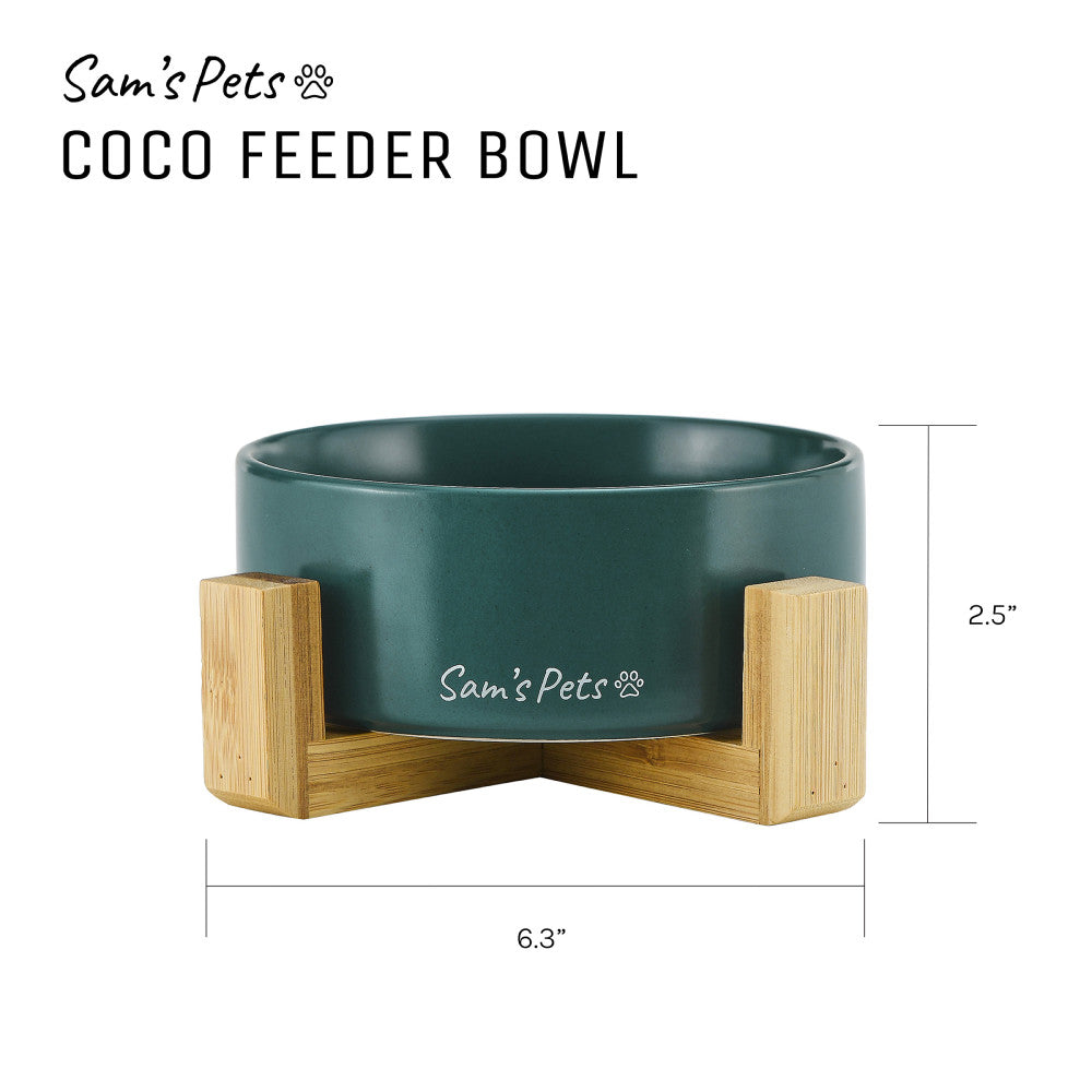 Coco Single Pet Bowl With Wood Stand 5.11 In Green