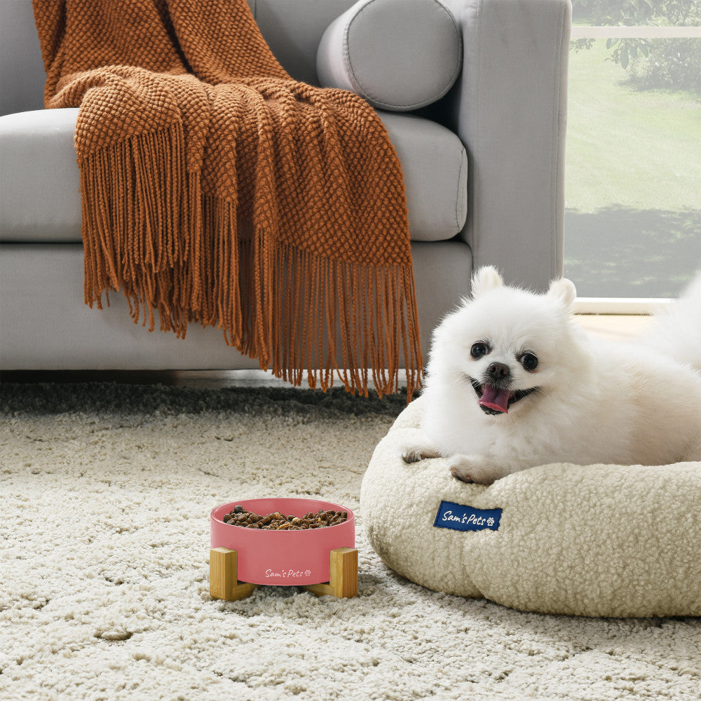 Coco Single Pet Bowl With Wood Stand 5.11 In Pink