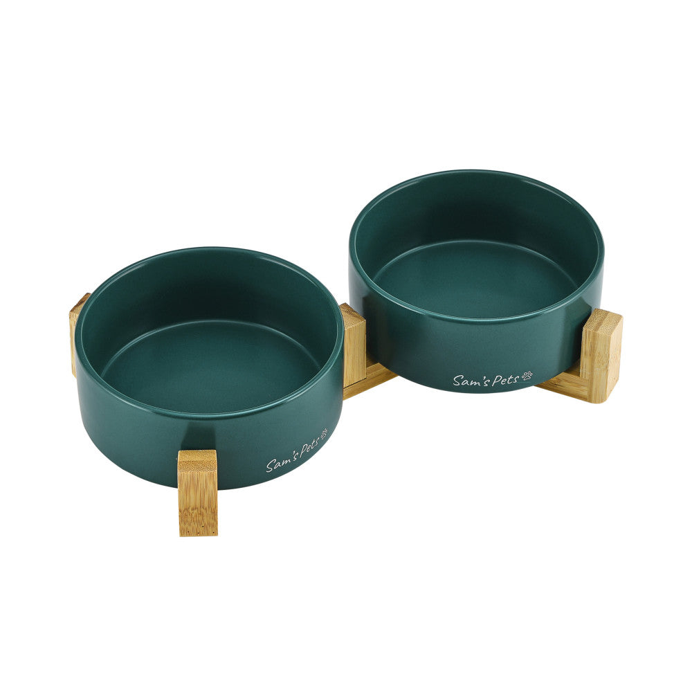 Coco Dual Pet Bowl With Wood Stand 5.11 In Green