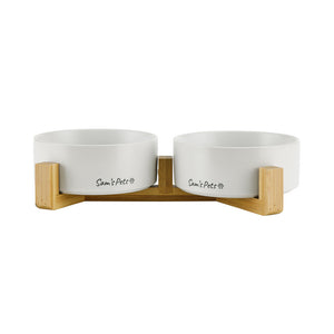 Coco Dual Pet Bowl With Wood Stand 5.11 In White
