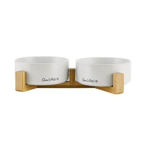 Coco Dual Pet Bowl With Wood Stand 5.11 In White