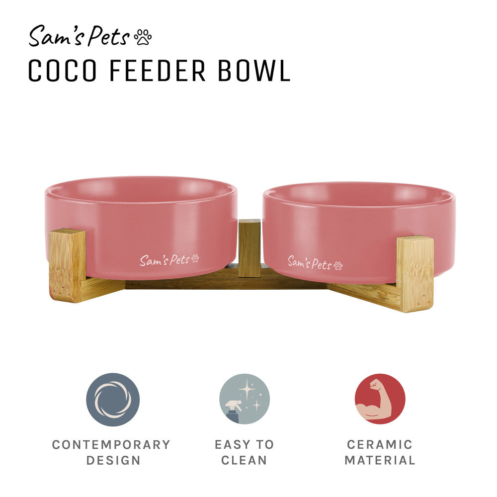 Coco Dual Pet Bowl With Wood Stand 5.11 In Pink