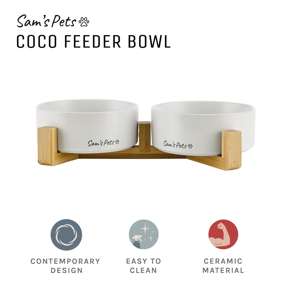 Coco Dual Pet Bowl With Wood Stand 5.11 In White