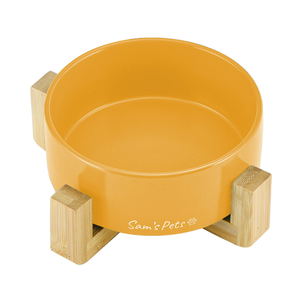 Coco Single Pet Bowl With Wood Stand 5.11 In Yellow