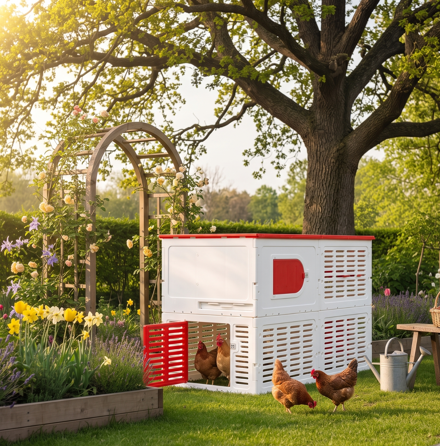 A white and red chicken coop with two chickens standing outside in a sunny backyard garden with a tree, flowers, and a watering can.