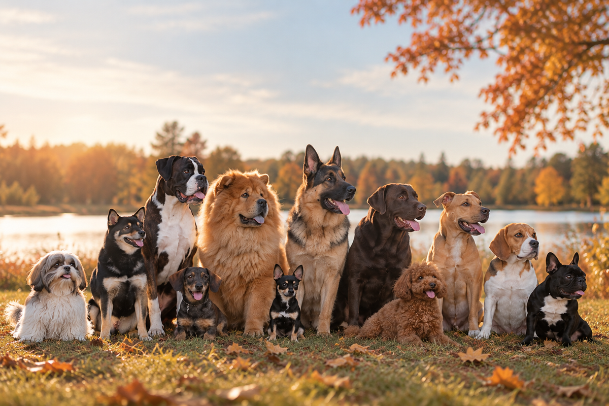 Eleven dogs of different breeds sitting together outdoors on autumn leaves, with a lake and colorful trees behind them