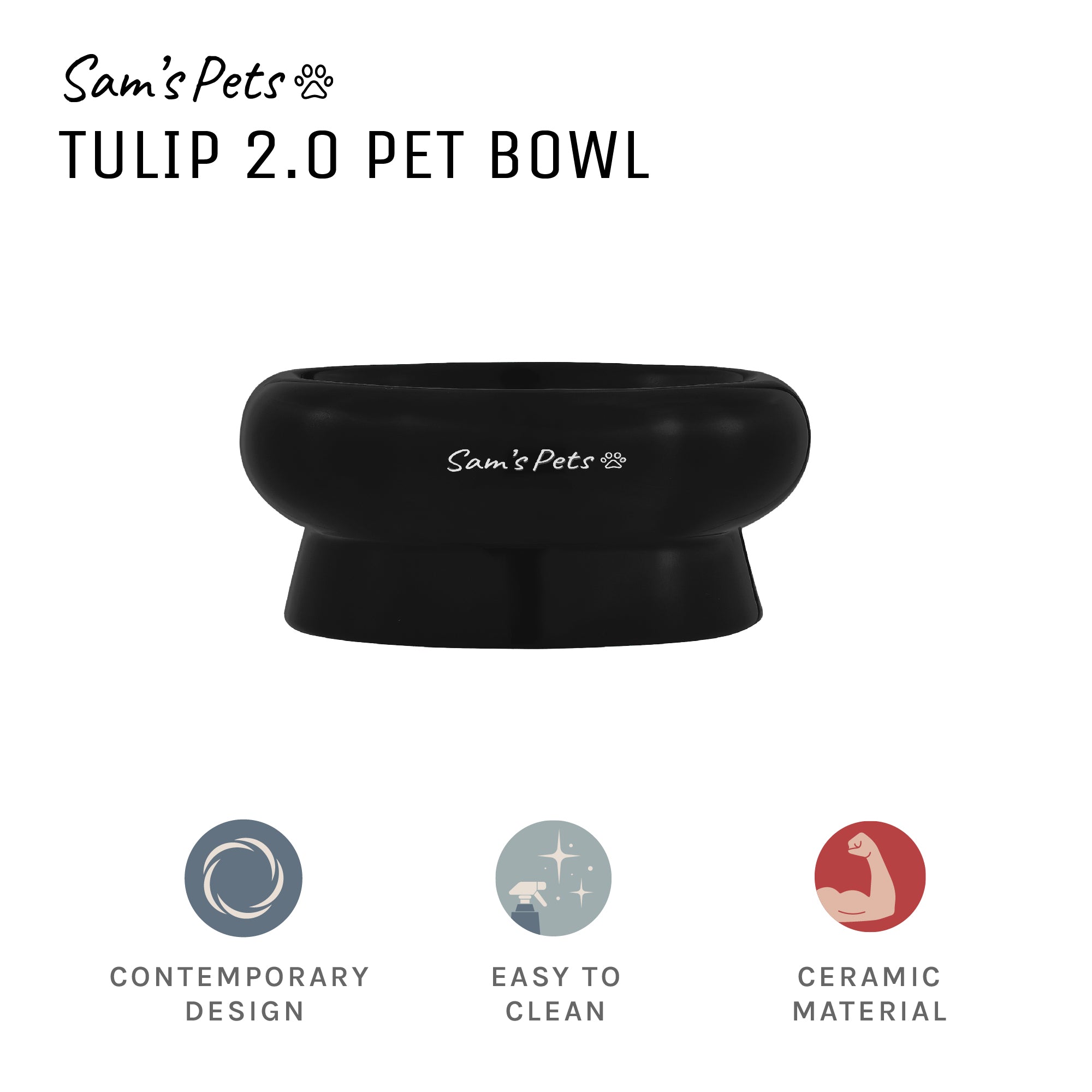 Sam's Pets Short Tulip 2.0 Pet Bowl in Glossy Black