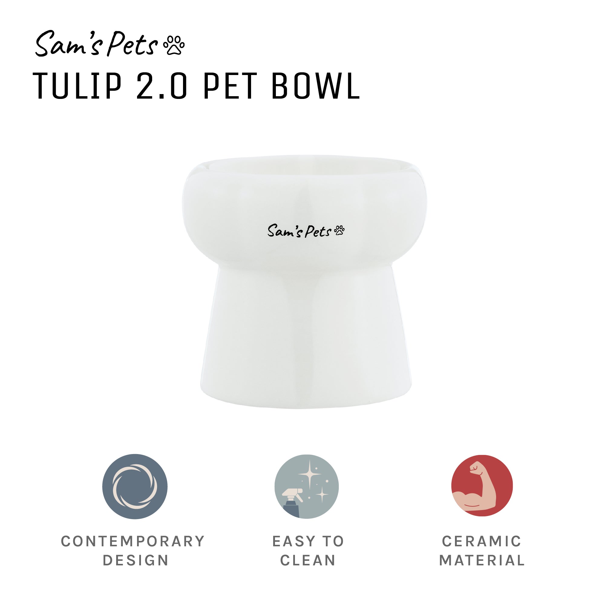 Sam's Pets Tall Tulip 2.0 Pet Bowl in Glossy White