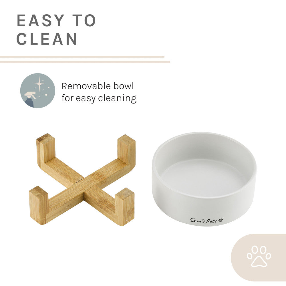 Coco Single Pet Bowl With Wood Stand 5.11 In White