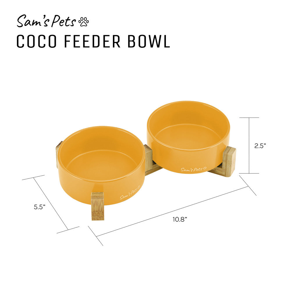 Coco Dual Pet Bowl With Wood Stand 5.11 In Yellow