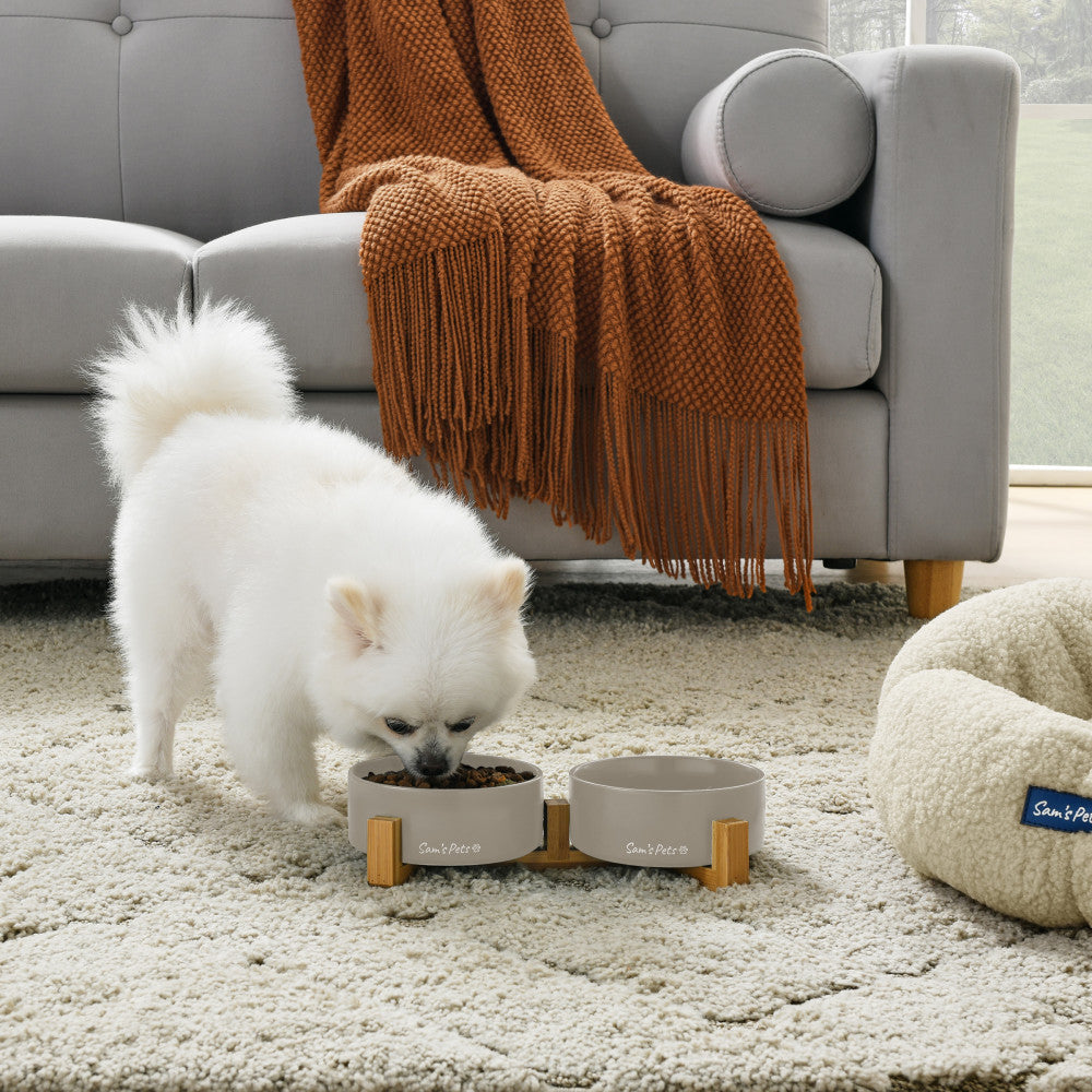 Coco Dual Pet Bowl With Wood Stand 5.11 In Gray