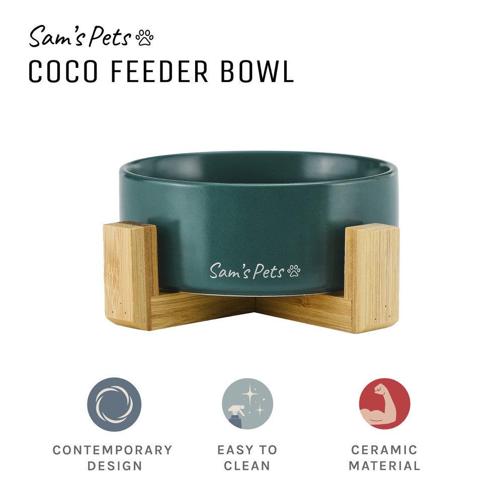 Coco Single Pet Bowl With Wood Stand 5.11 In Green