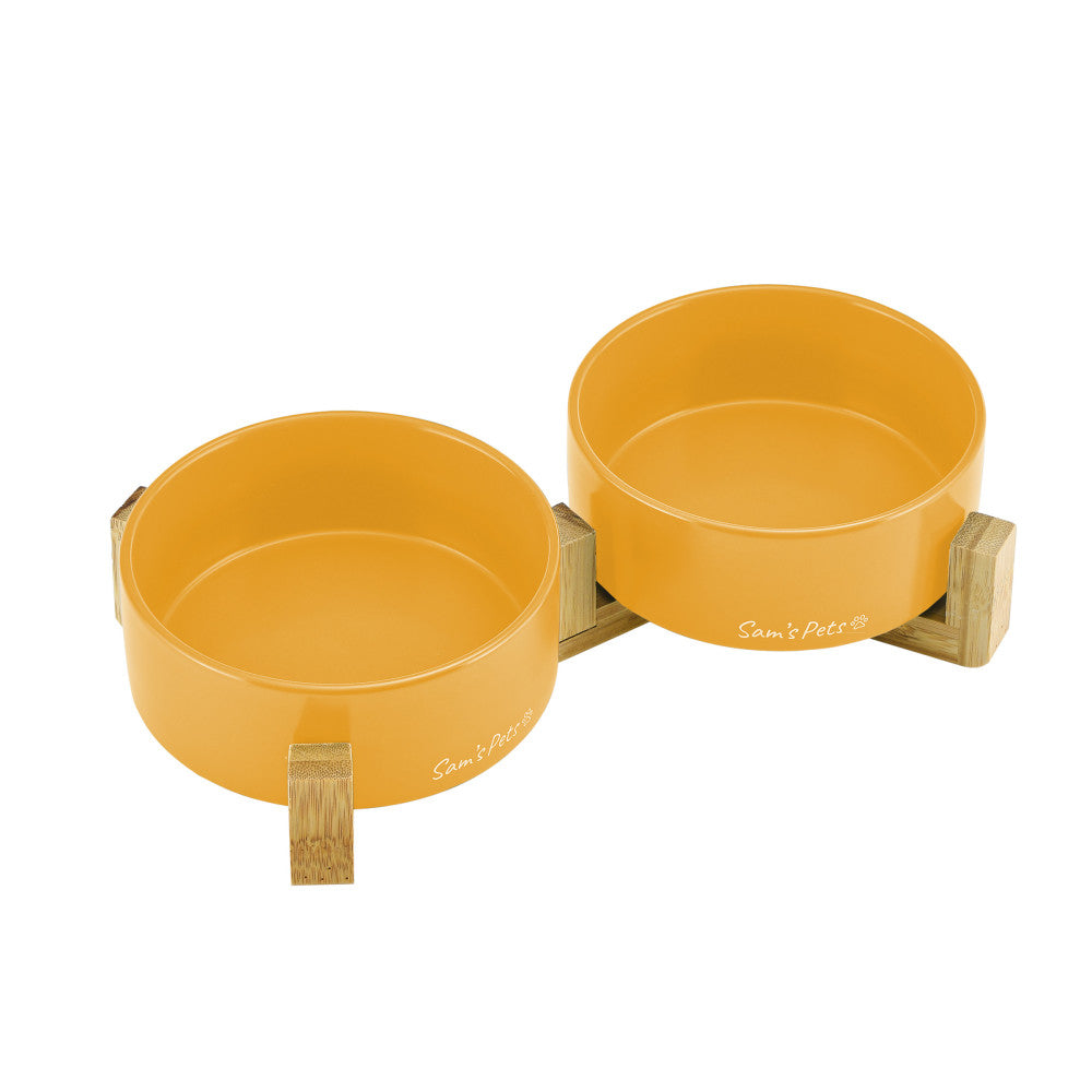 Coco Dual Pet Bowl With Wood Stand 5.11 In Yellow