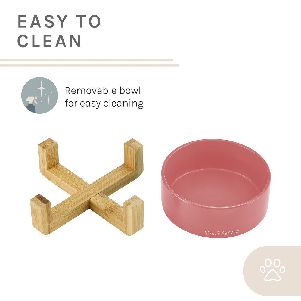 Coco Single Pet Bowl With Wood Stand 5.11 In Pink