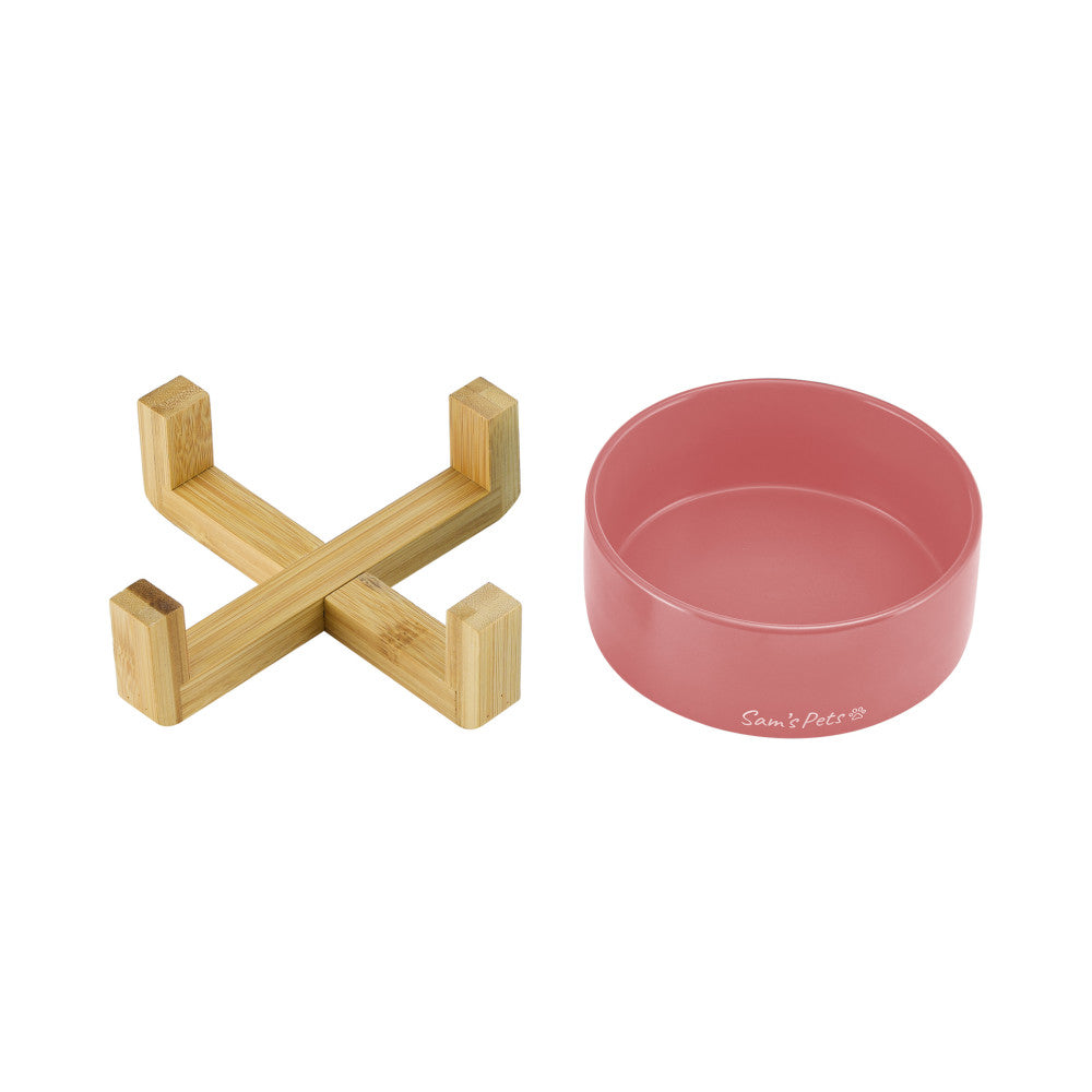Coco Single Pet Bowl With Wood Stand 5.11 In Pink