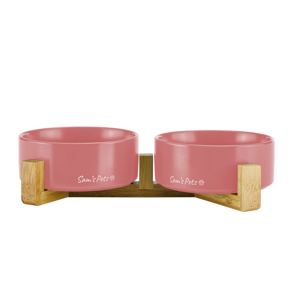 Coco Dual Pet Bowl With Wood Stand 5.11 In Pink