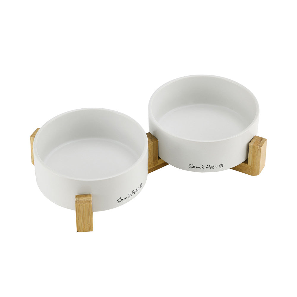 Coco Dual Pet Bowl With Wood Stand 5.11 In White
