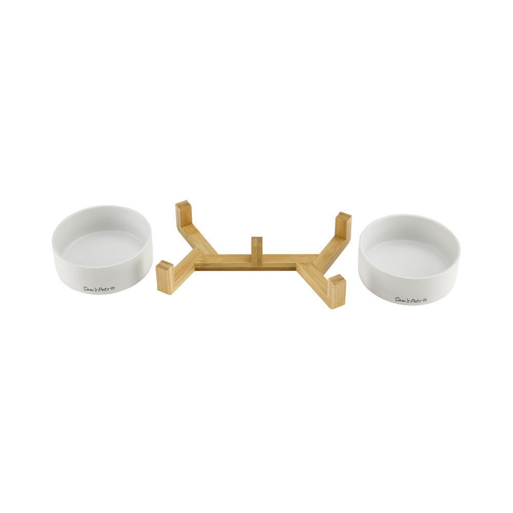 Coco Dual Pet Bowl With Wood Stand 5.11 In White