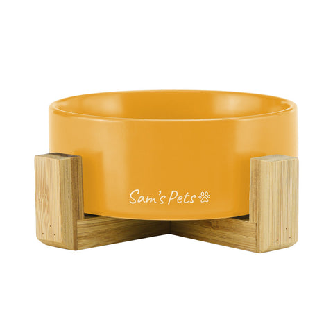 Coco Single Pet Bowl With Wood Stand 5.11 In Yellow