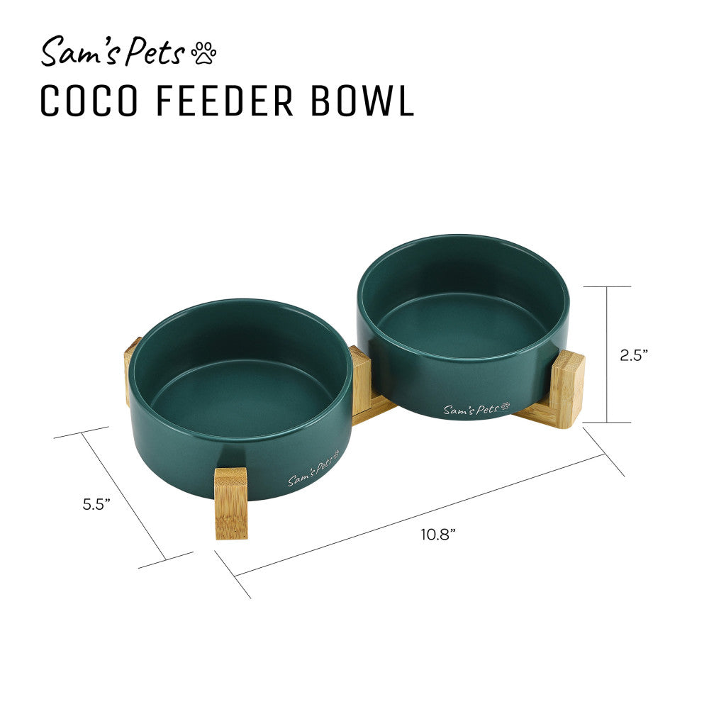 Coco Dual Pet Bowl With Wood Stand 5.11 In Green