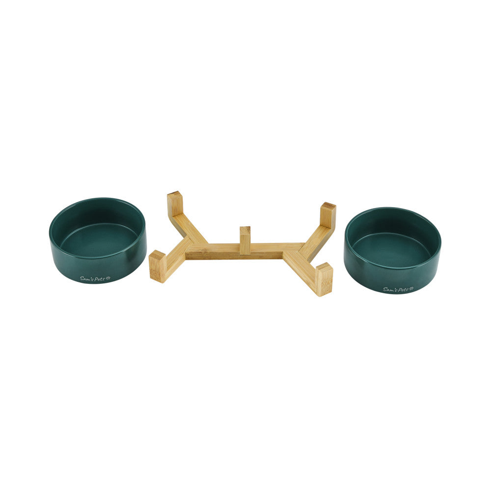 Coco Dual Pet Bowl With Wood Stand 5.11 In Green
