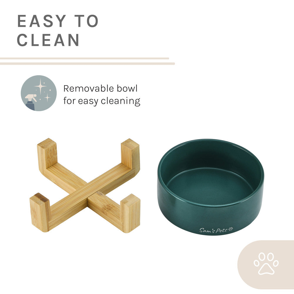 Coco Single Pet Bowl With Wood Stand 5.11 In Green