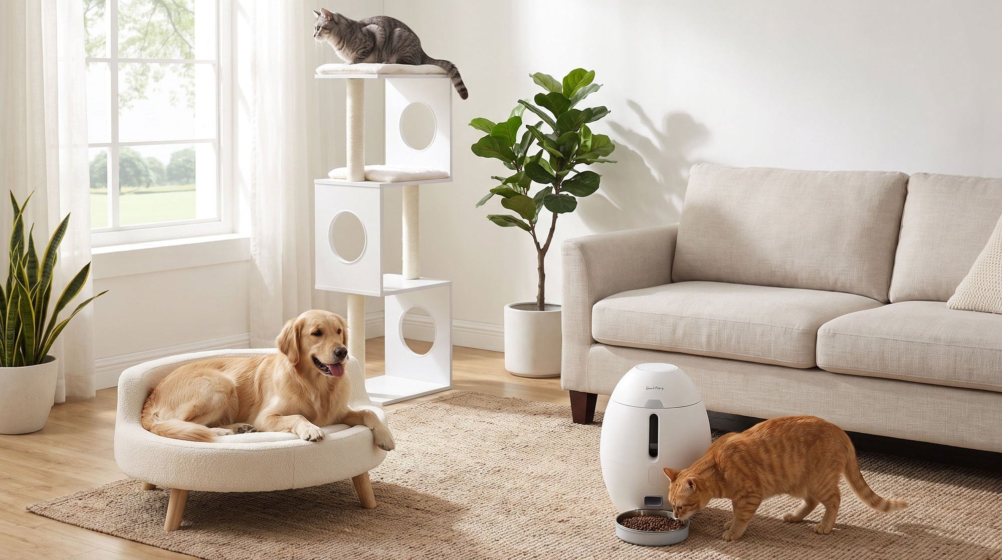 A golden retriever rests in a round cream pet bed on a woven rug, while an orange tabby cat eats from a white automatic pet feeder. A gray cat is perched on a white cat tree near a beige sofa in a bright, modern living room.