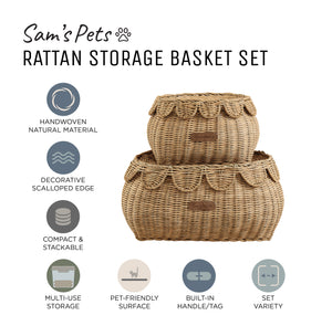 Sam's Pets Nest & Fetch 11"&14" Rattan Storage Basket Set in  Brown Oak