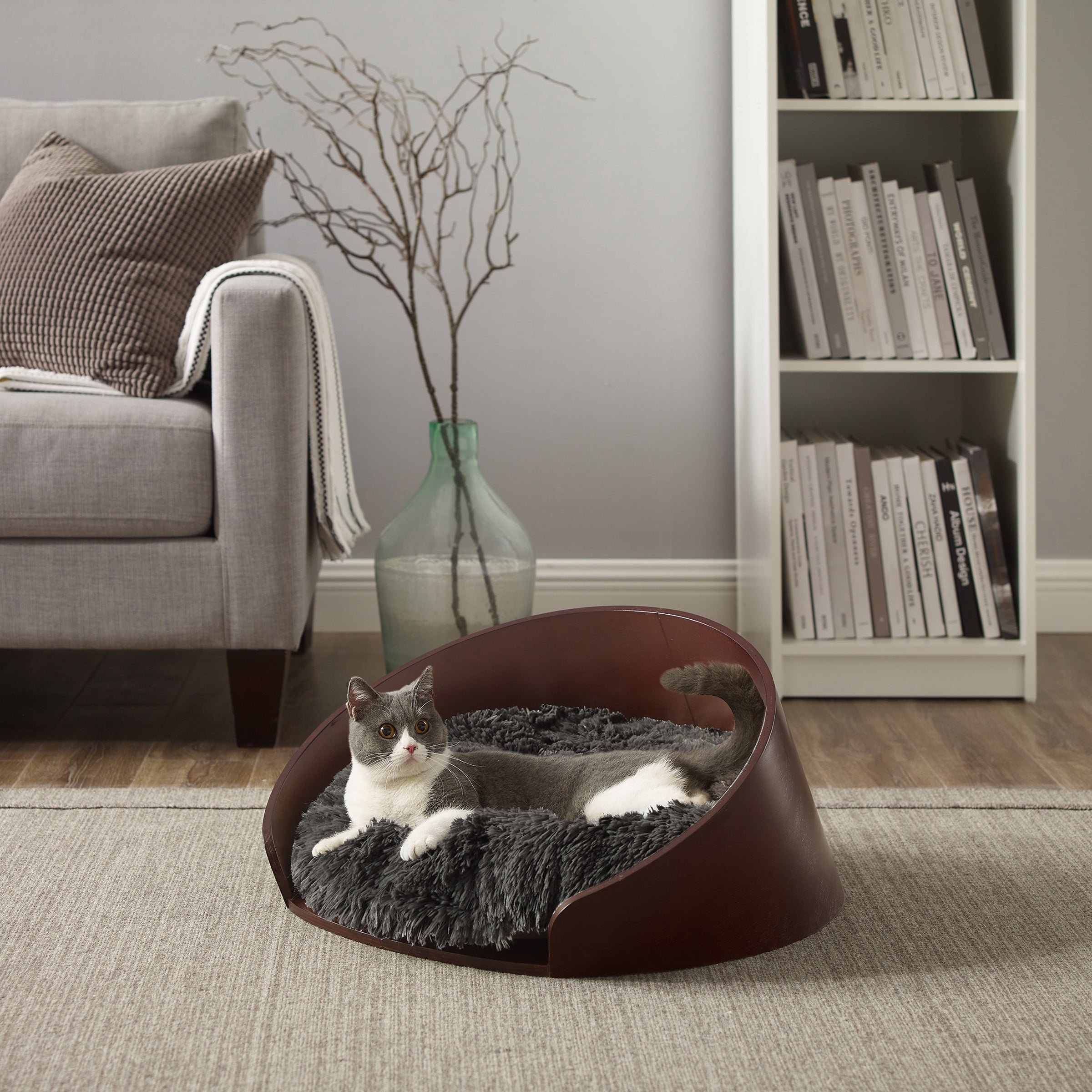 Kuai Cat Bed Bent Wood Faux Fur Small Dark Brown
