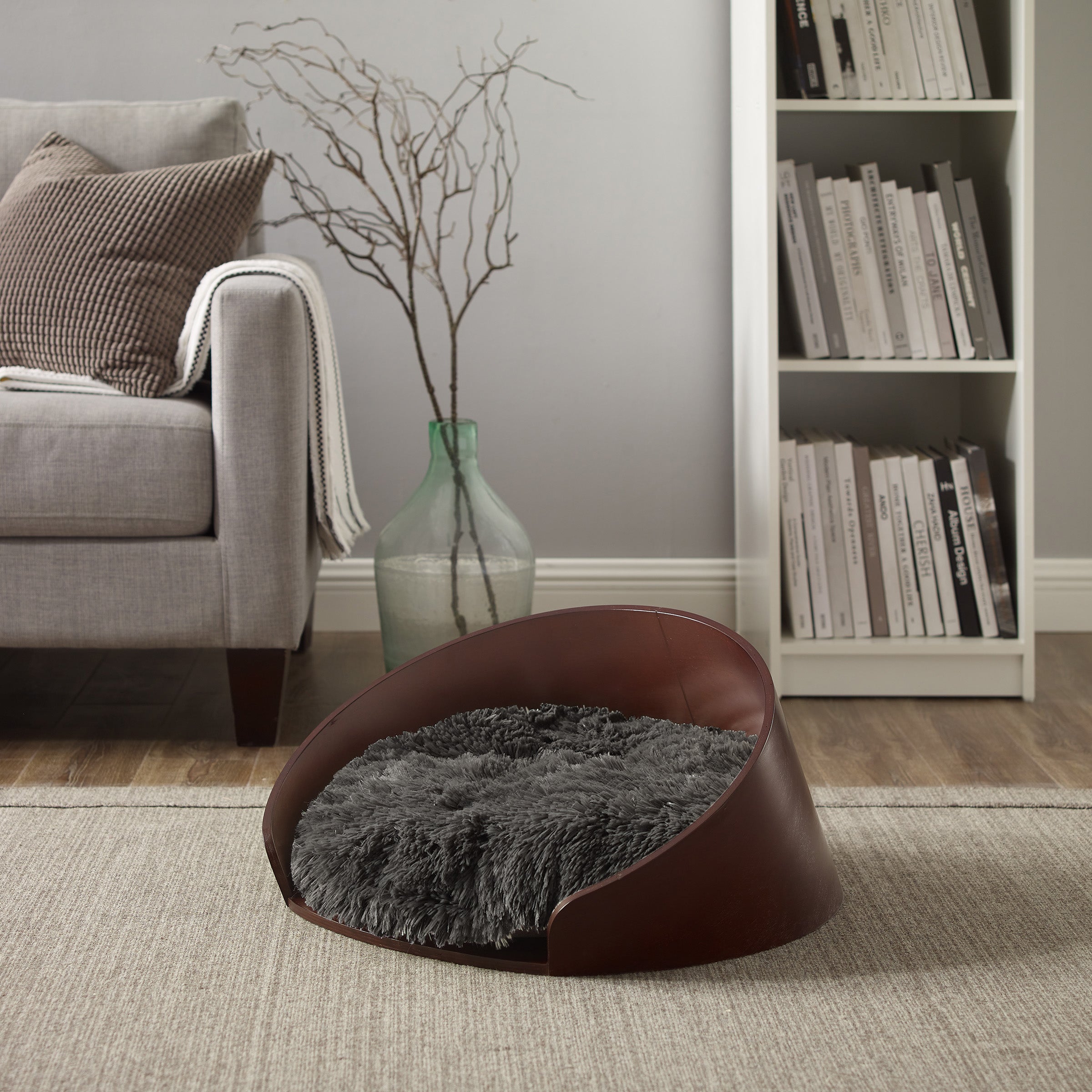 Kuai Dog Bed Bent Wood Faux Fur Small Dark Brown